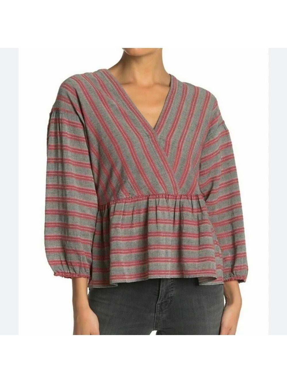 Madewell striped peplum bubble sleeve boho top size small